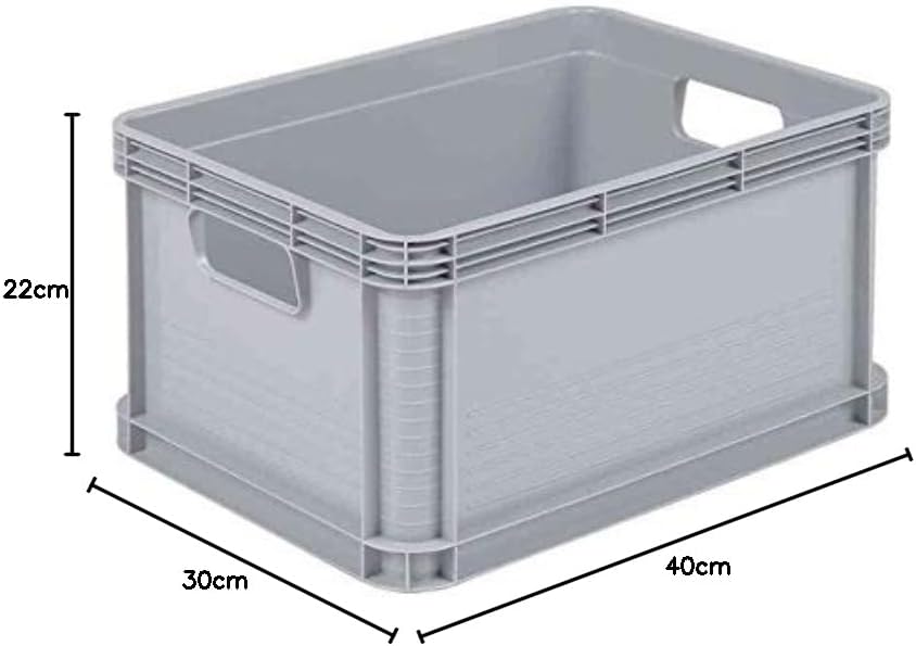 Pack of 6 – 20 Litre Euro Stacking Storage Boxes, Heavy Duty Plastic Containers, Food Grade, 30Kg Load, 400X300X220Mm, Industrial Warehouse Garage Storage Bins (Grey)