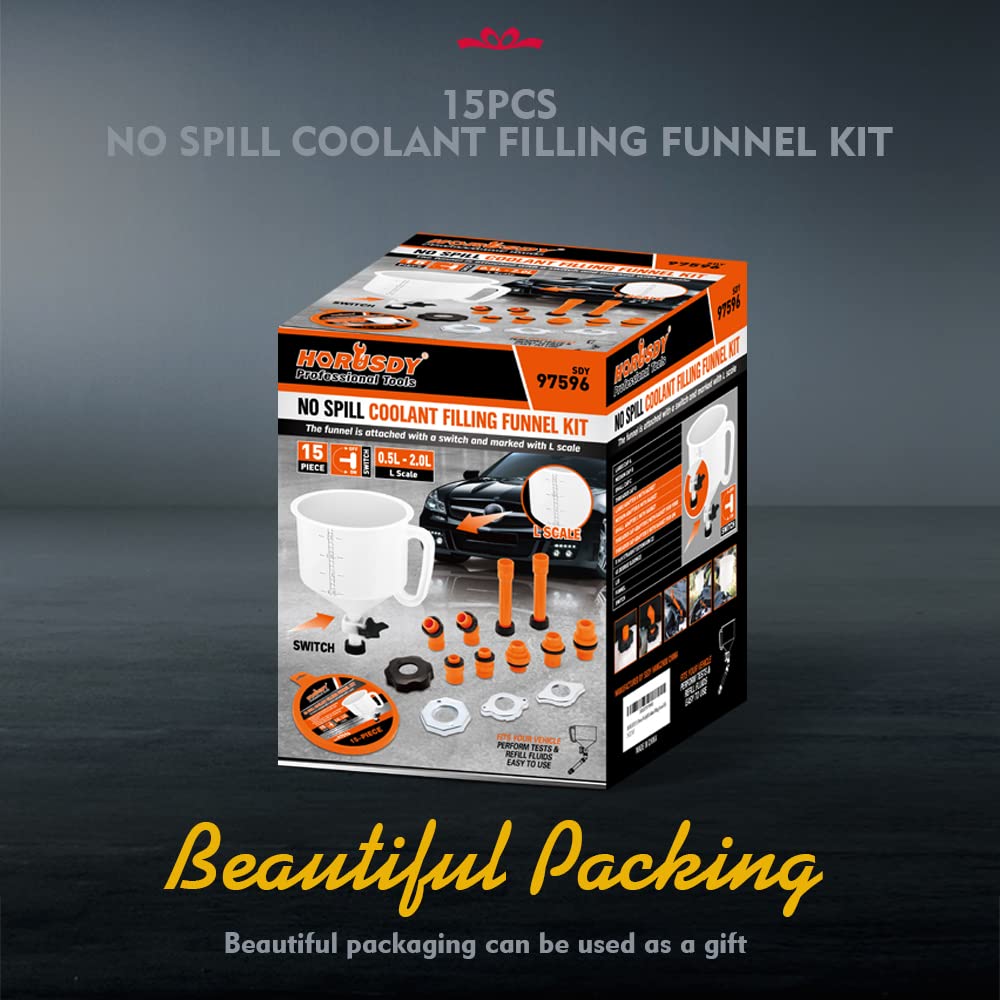 No-Spill Coolant Funnel Kit with Valve Switch, Radiator Bleeder Funnel Kit, Universal Fitment Applicable to Any Vehicle (15 Piece)