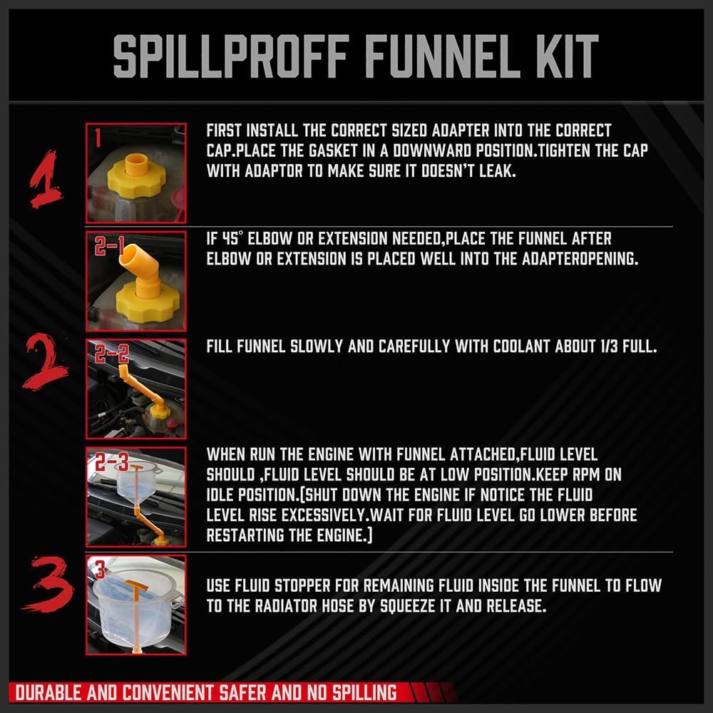 No-Spill Coolant Funnel Kit, 15 Piece Fluid and Oil Funnel Set, Allows Access to Hard-To-Reach Radiators, Universal Fitment Applicable to Any Vehicle