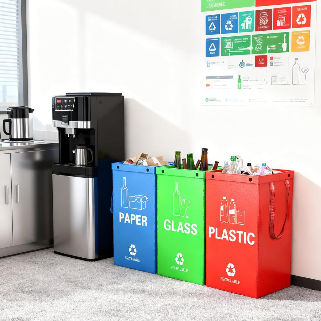 Reusable Recycling Bags, Recycle Bins for Kitchen and Compostable Food Waste Triple Bin, Waterproof Woven Waste Bag, Use for Kitchens, Homes, and Offices, 40 Litre Set of 3