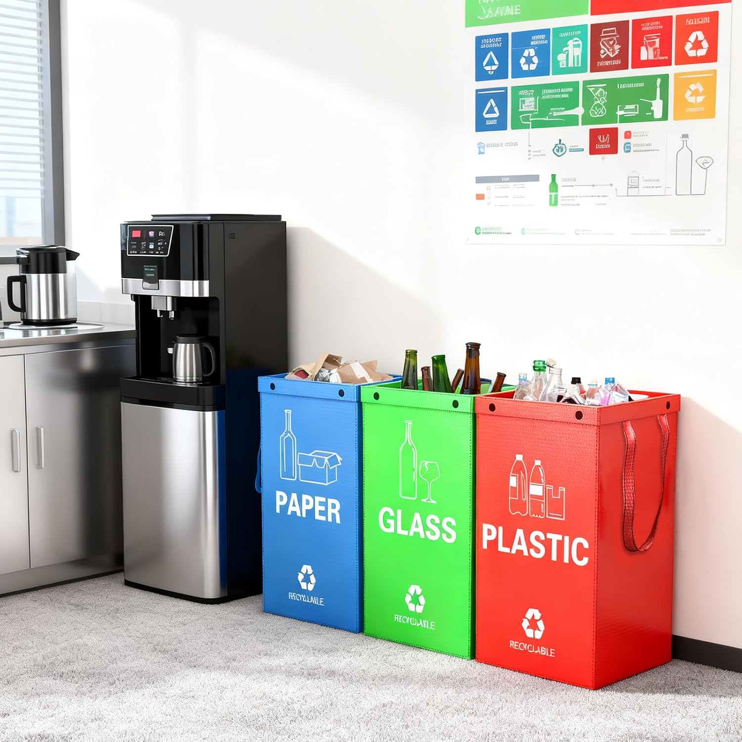 Reusable Recycling Bags, Recycle Bins for Kitchen and Compostable Food Waste Triple Bin, Waterproof Woven Waste Bag, Use for Kitchens, Homes, and Offices, 40 Litre Set of 3