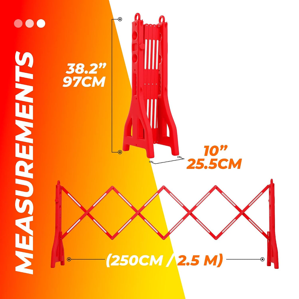 Expandable Mobile Barrier for Safety - Red | Plastic Extendable Folding Barricade | Portable Safety Barrier with Reflective Strips for Events, Construction & Pedestrian Control - 2 Barriers