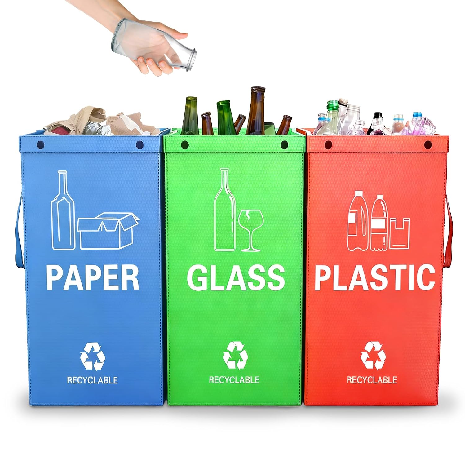 Reusable Recycling Bags, Recycle Bins for Kitchen and Compostable Food Waste Triple Bin, Waterproof Woven Waste Bag, Use for Kitchens, Homes, and Offices, 40 Litre Set of 3