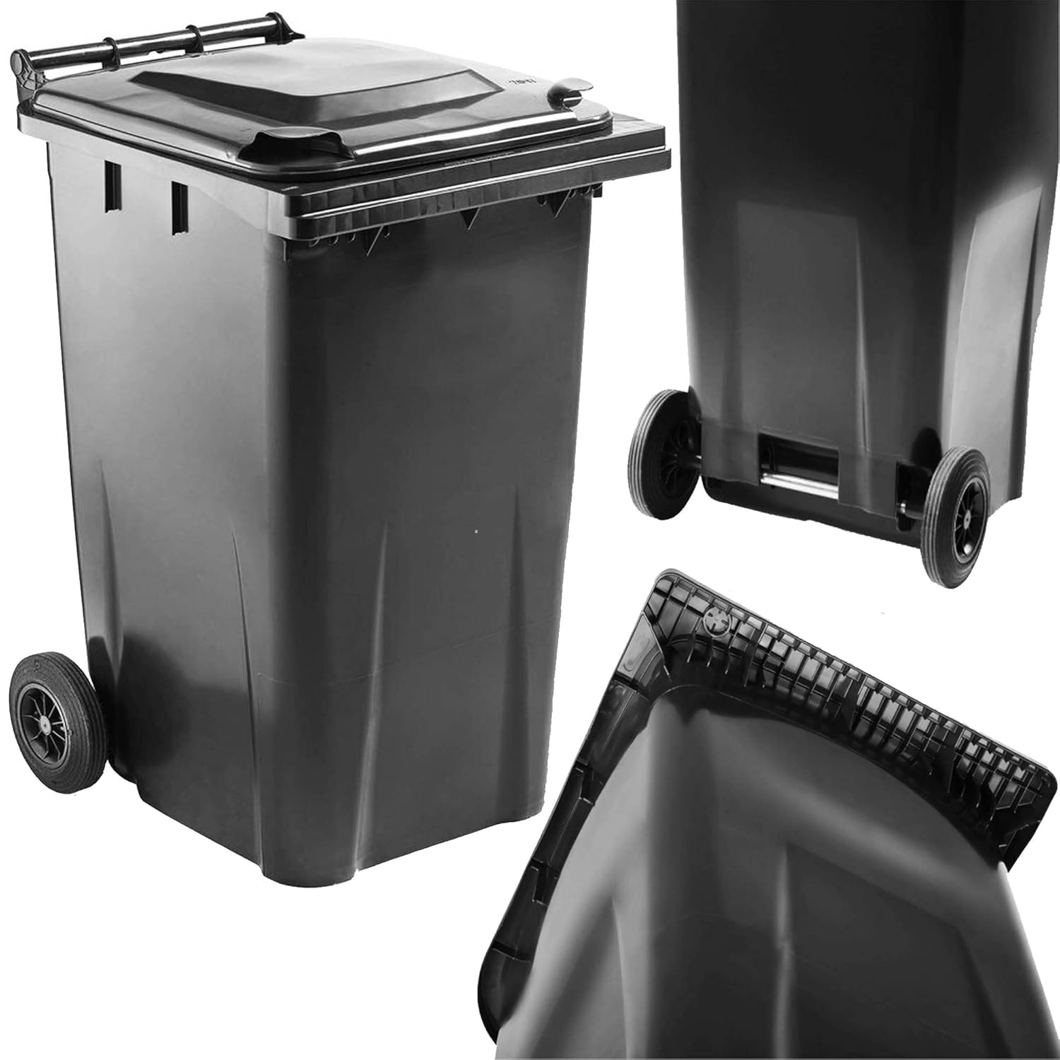 240 Litre Outdoor Wheelie Bin Grey/Black Standard Household Size Bin | with Rubber Wheels for Trash and Rubbish