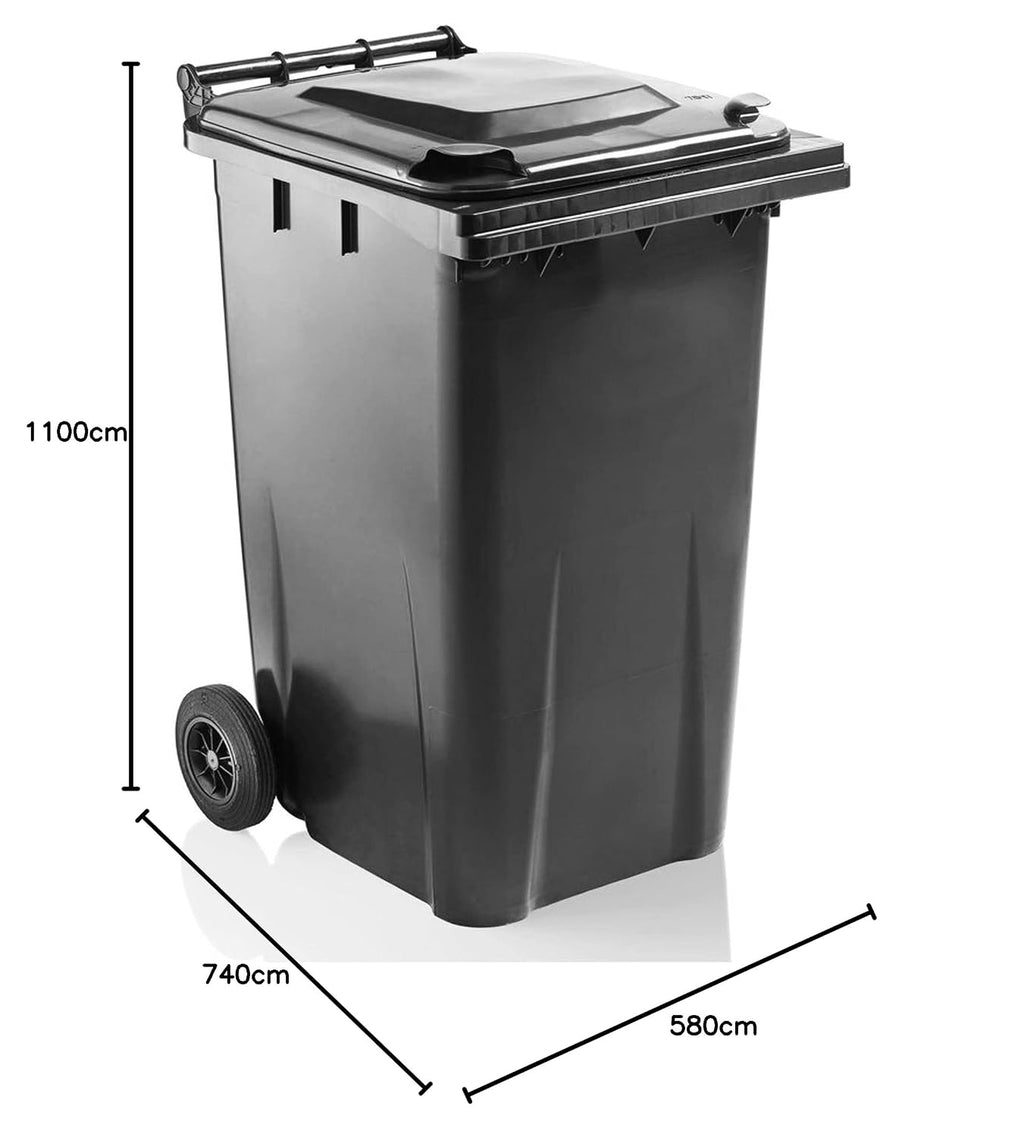 240 Litre Outdoor Wheelie Bin Grey/Black Standard Household Size Bin | with Rubber Wheels for Trash and Rubbish