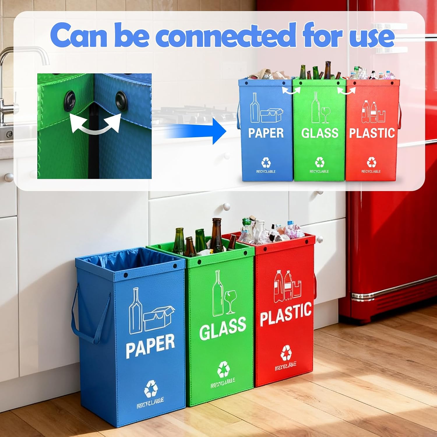 Reusable Recycling Bags, Recycle Bins for Kitchen and Compostable Food Waste Triple Bin, Waterproof Woven Waste Bag, Use for Kitchens, Homes, and Offices, 40 Litre Set of 3