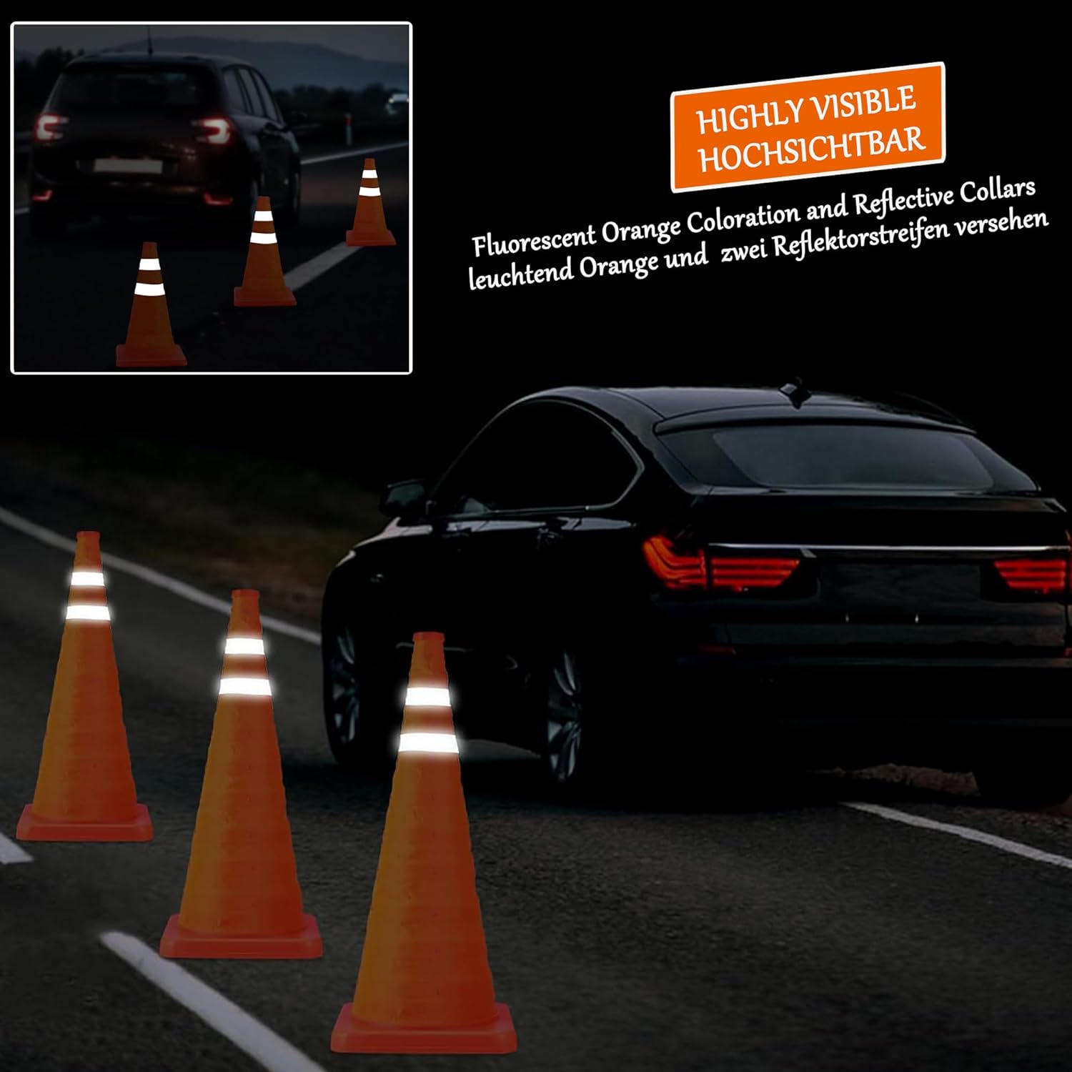 Collapsible Traffic Cone 45 Cm (18") - Reflective Pop up Safety Cone, Orange Road Cone for Car Breakdown, Parking & Sports (1 Piece)
