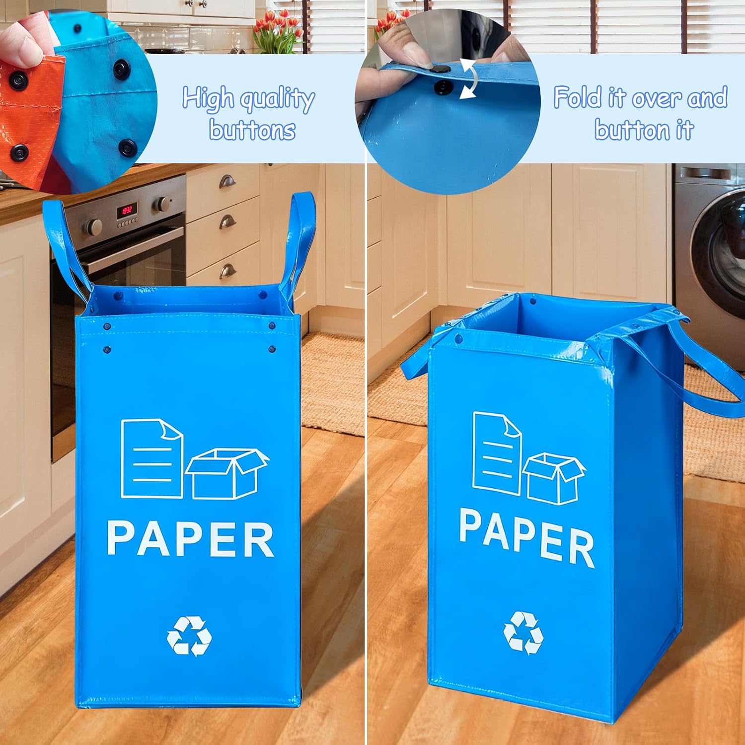 Reusable Recycling Bags, Recycle Bins for Kitchen and Compostable Food Waste Triple Bin, Waterproof Woven Waste Bag, Use for Kitchens, Homes, and Offices, 40 Litre Set of 3