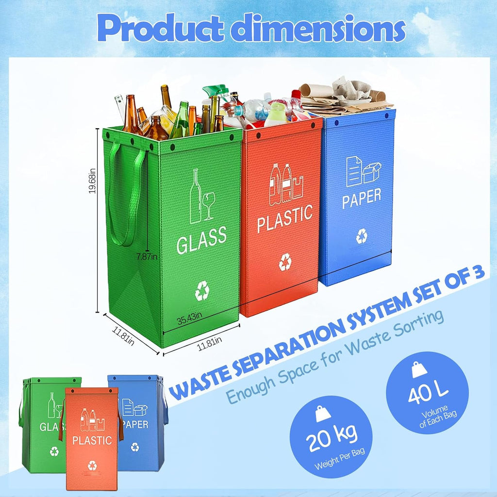 Reusable Recycling Bags, Recycle Bins for Kitchen and Compostable Food Waste Triple Bin, Waterproof Woven Waste Bag, Use for Kitchens, Homes, and Offices, 40 Litre Set of 3