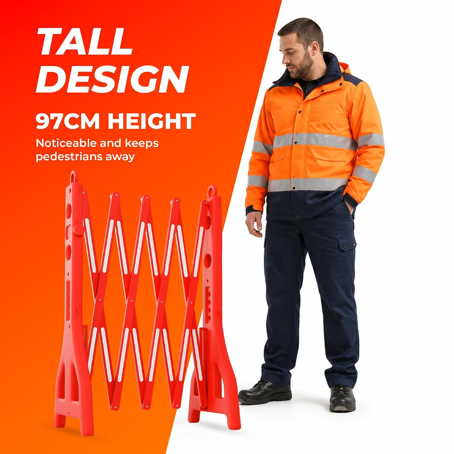 Expandable Mobile Barrier for Safety - Red | Plastic Extendable Folding Barricade | Portable Safety Barrier with Reflective Strips for Events, Construction & Pedestrian Control - 2 Barriers