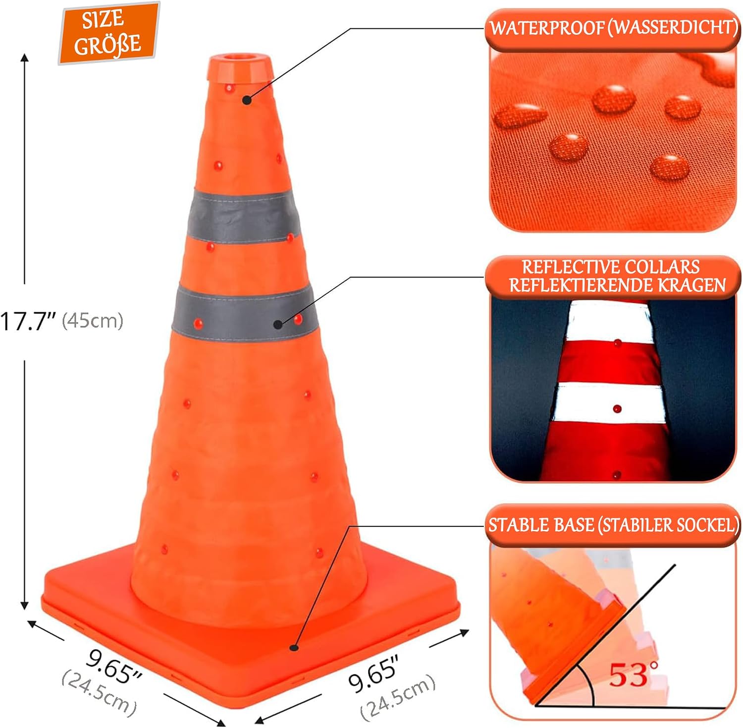 Collapsible Traffic Cone 45 Cm (18") - Reflective Pop up Safety Cone, Orange Road Cone for Car Breakdown, Parking & Sports (1 Piece)