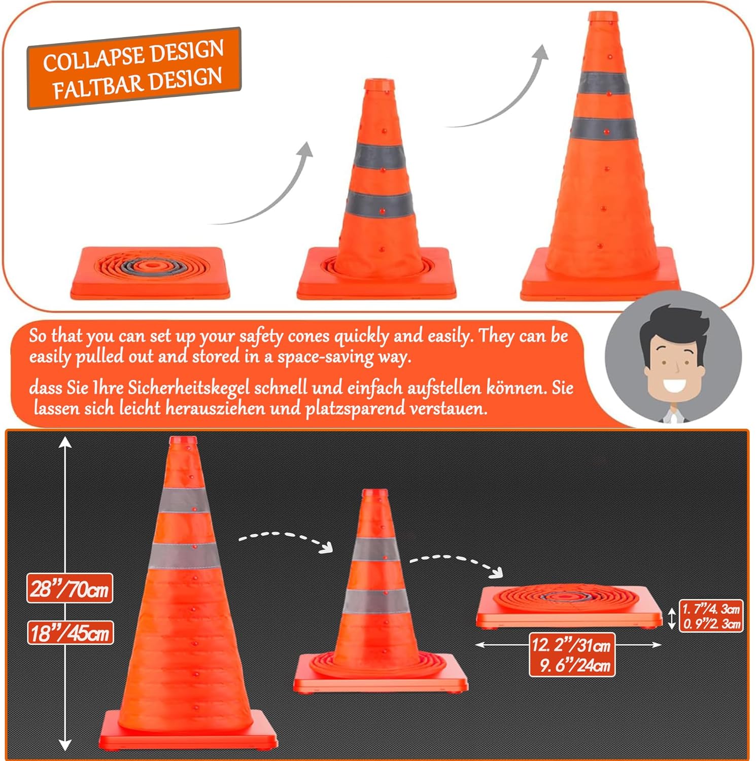 Collapsible Traffic Cone 45 Cm (18") - Reflective Pop up Safety Cone, Orange Road Cone for Car Breakdown, Parking & Sports (1 Piece)