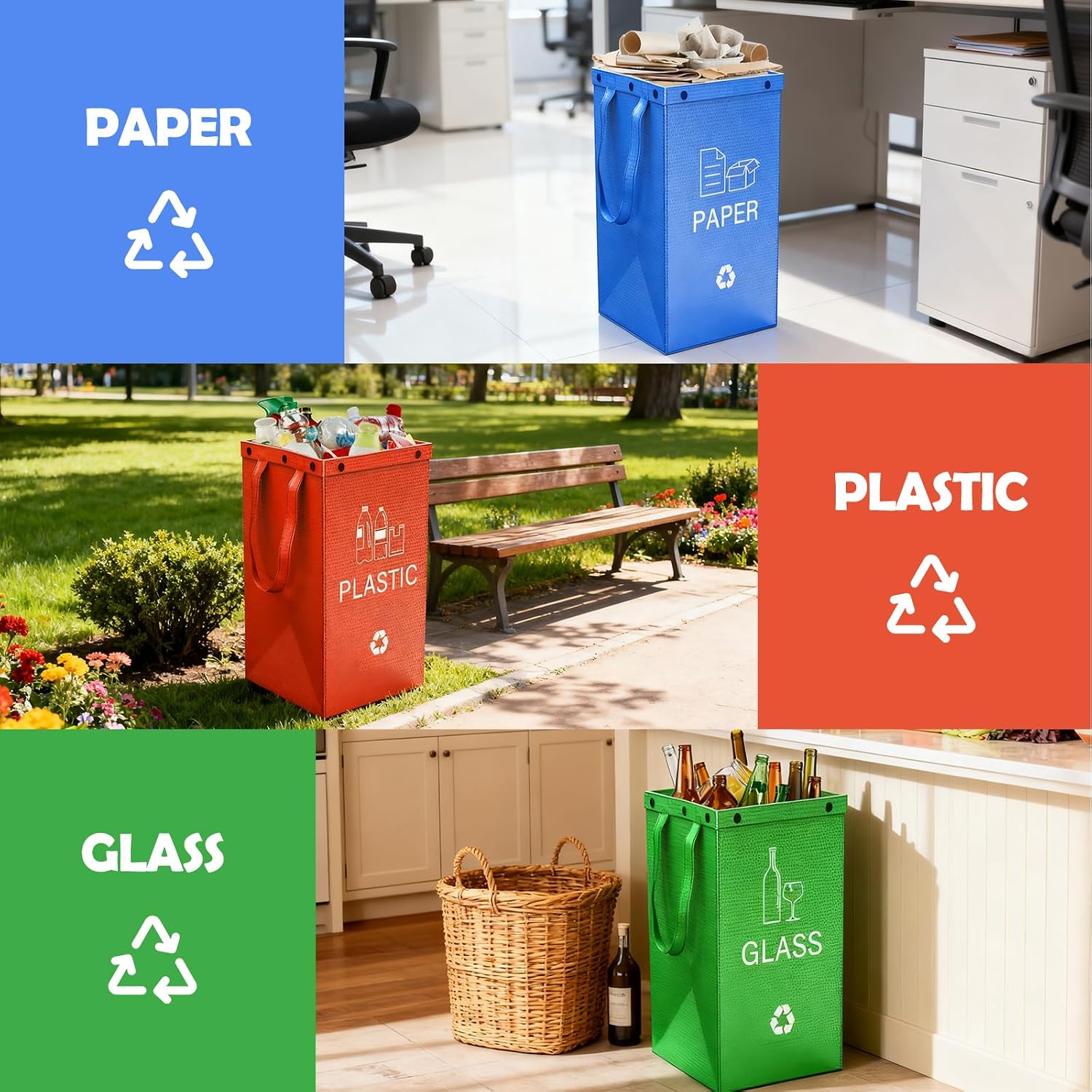 Reusable Recycling Bags, Recycle Bins for Kitchen and Compostable Food Waste Triple Bin, Waterproof Woven Waste Bag, Use for Kitchens, Homes, and Offices, 40 Litre Set of 3