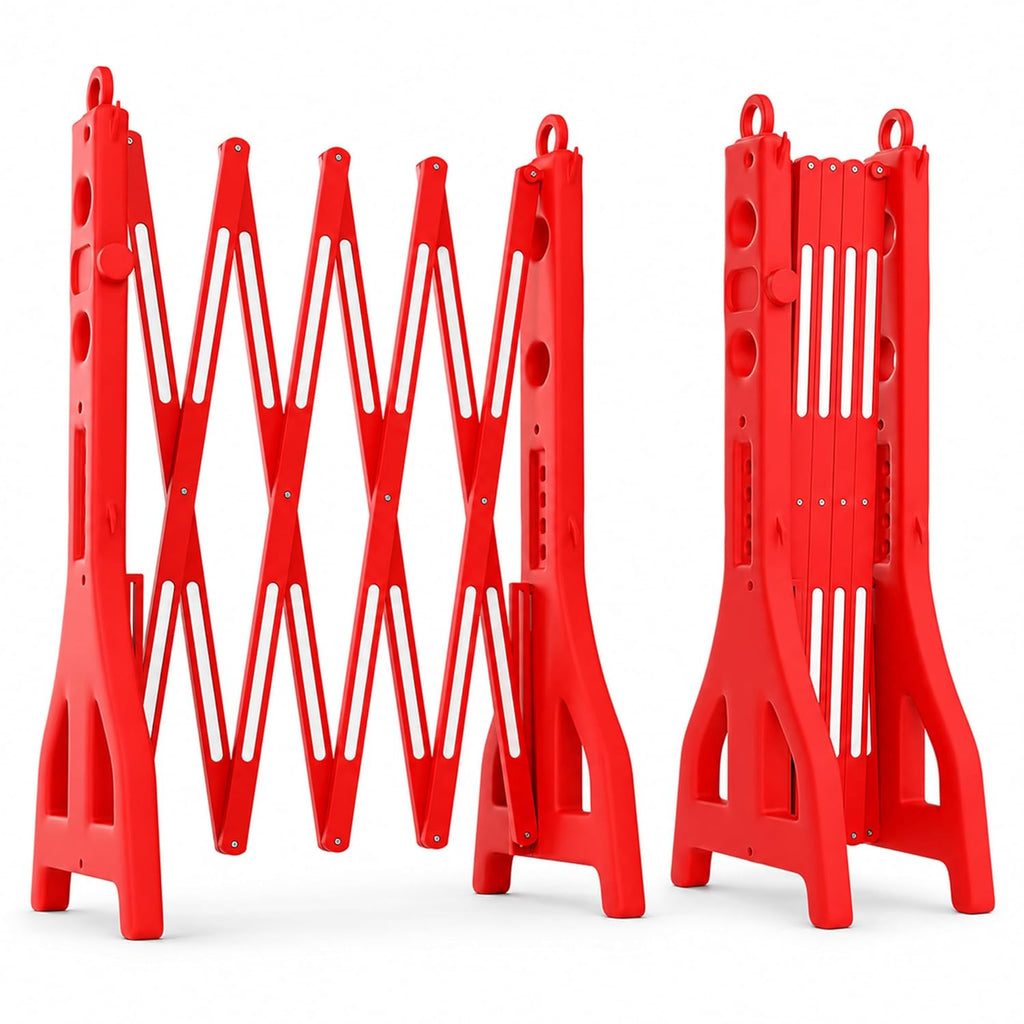 Expandable Mobile Barrier for Safety - Red | Plastic Extendable Folding Barricade | Portable Safety Barrier with Reflective Strips for Events, Construction & Pedestrian Control - 2 Barriers