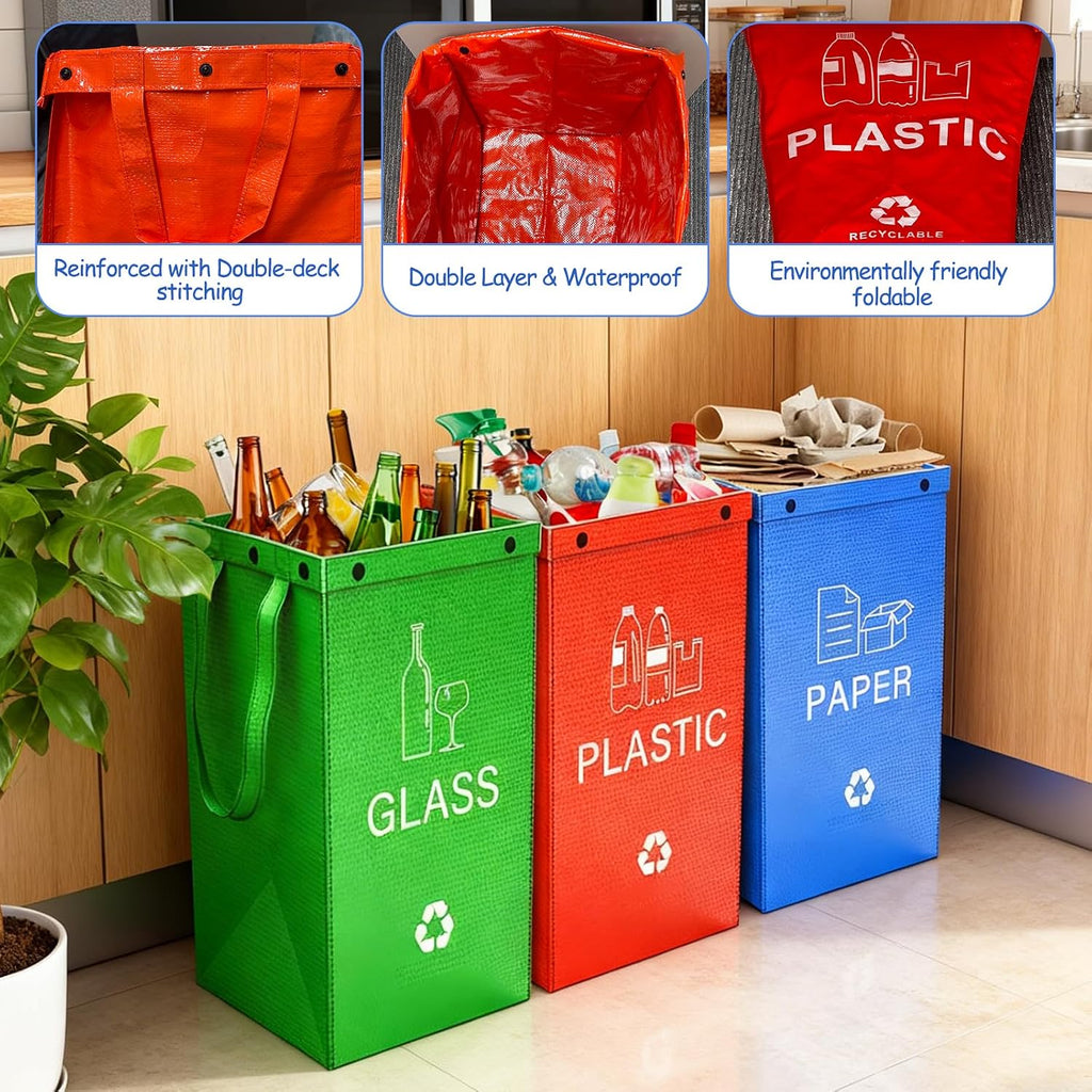 Reusable Recycling Bags, Recycle Bins for Kitchen and Compostable Food Waste Triple Bin, Waterproof Woven Waste Bag, Use for Kitchens, Homes, and Offices, 40 Litre Set of 3