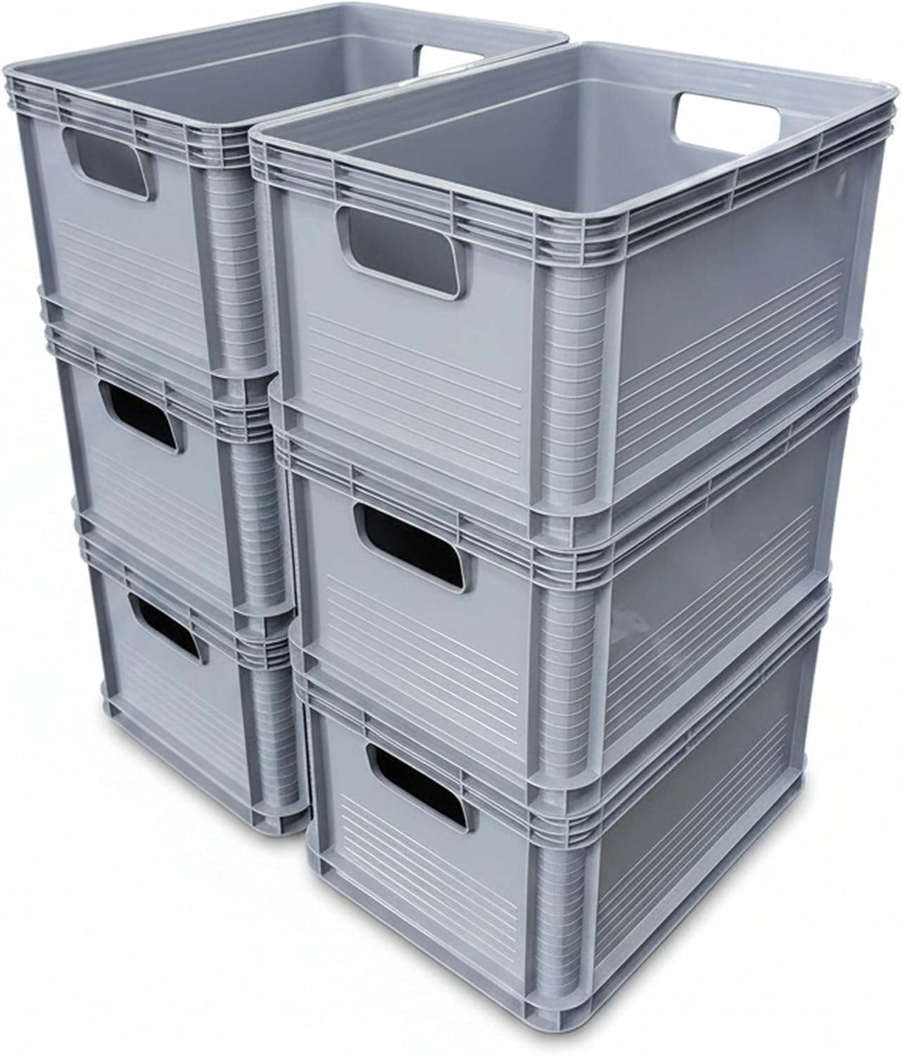 Pack of 6 – 20 Litre Euro Stacking Storage Boxes, Heavy Duty Plastic Containers, Food Grade, 30Kg Load, 400X300X220Mm, Industrial Warehouse Garage Storage Bins (Grey)