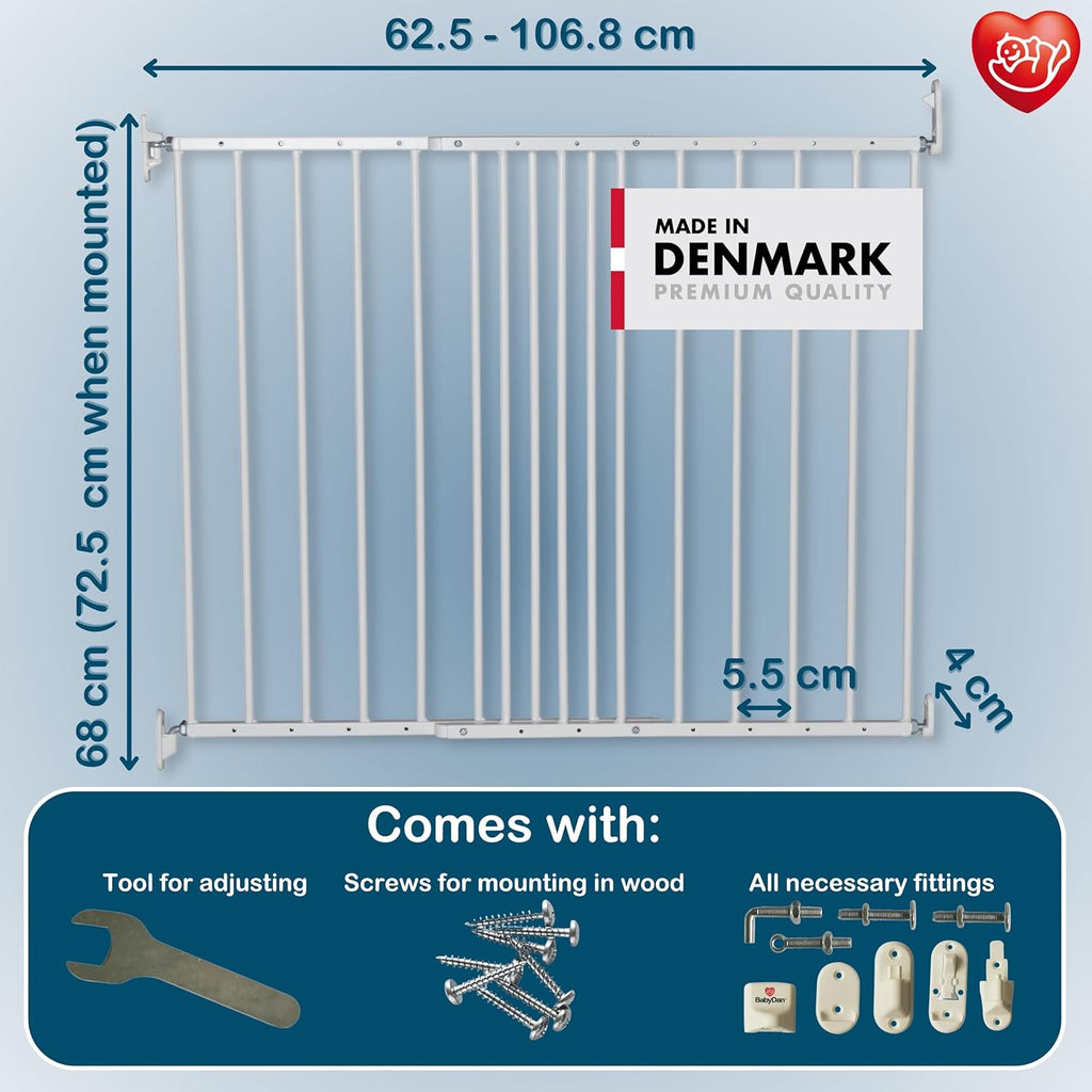 Multidan, Covers Openings between 62.5-106.8 Cm/24.6-42 Inches, Extendable Stair Gate/Baby Gate/Safety Gate, Metal, White, Made in Denmark - (Pet Gate/Dog Gate)